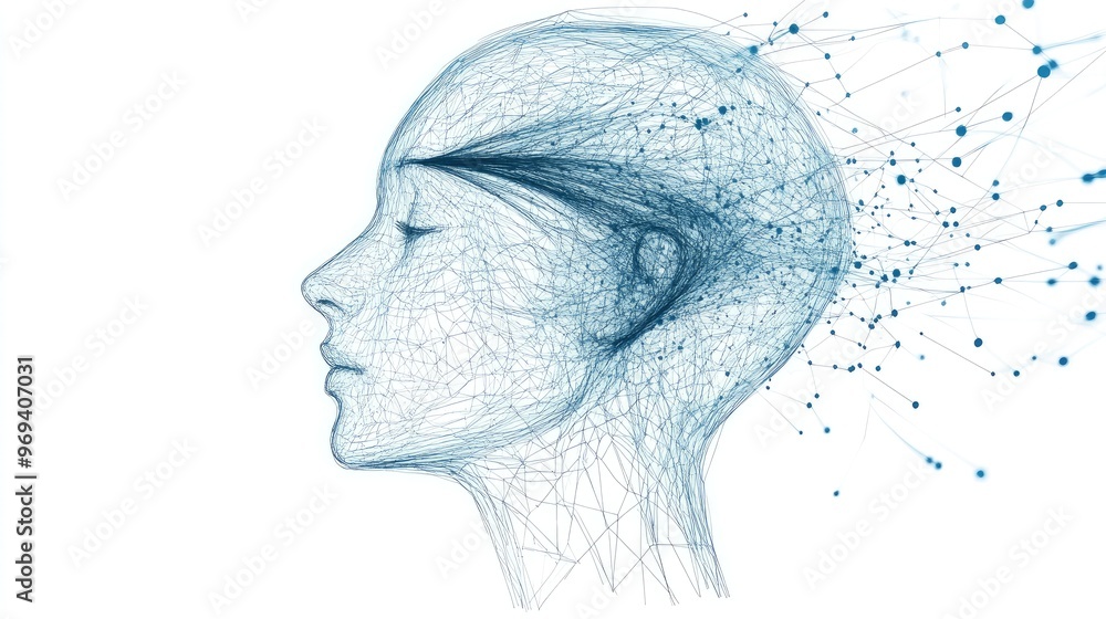 Poster a digital wireframe head with streams of data entering, representing the power of data in decision-m