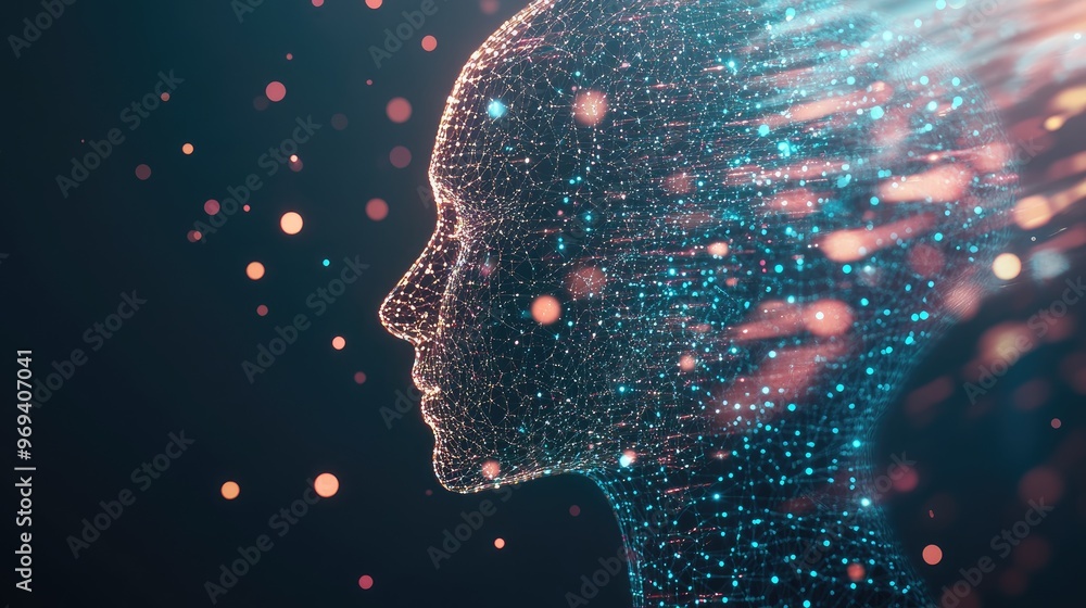 Poster a digital wireframe head with streams of data entering, representing the power of data in decision-m