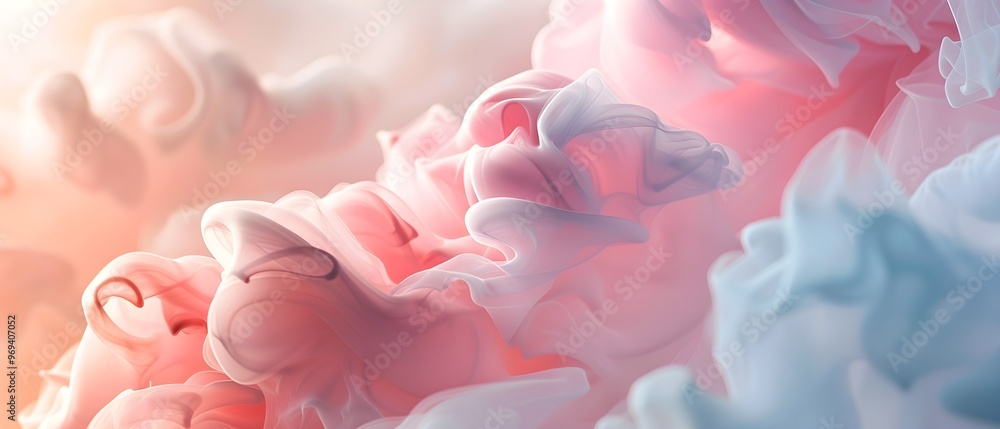 Poster ethereal abstract image with soft, flowing shapes in pastel pink and blue tones, creating a dreamy a