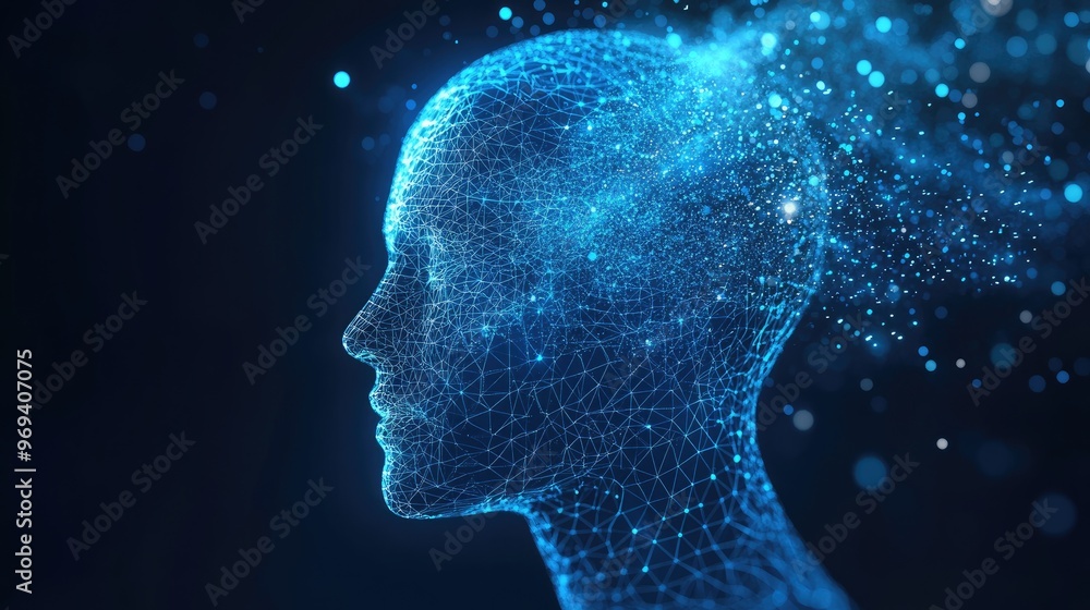 Poster a digital wireframe head with streams of data entering, representing the power of data in decision-m