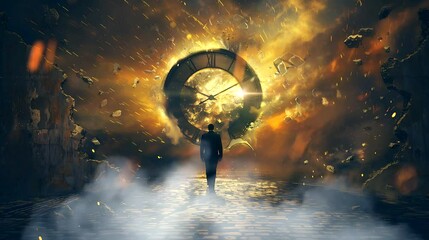 Man walking toward a shattered clock with glowing abstract explosion. Seamless looping 4k time-lapse animation video background - Powered by Adobe