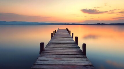 Fototapeta premium Sunset Over Wooden Dock Leading into Calm Lake