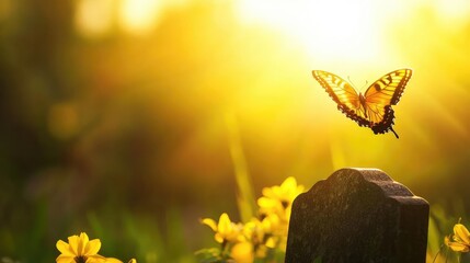 A vibrant butterfly flutters gracefully above yellow flowers in a sunlit garden, evoking feelings of peace and tranquility.