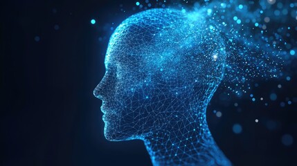 Obraz premium A digital wireframe head with streams of data entering, representing the power of data in decision-making