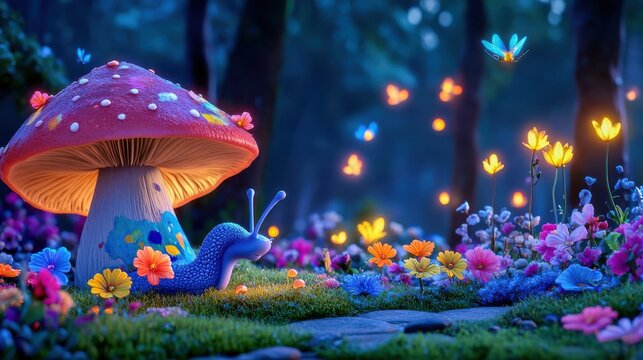 Fairy Lights Dance in Whimsical Mushroom Garden Under Full Moon