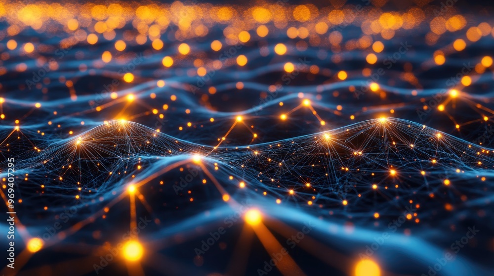 Poster a dynamic 3d grid with glowing nodes and connecting lines, illustrating a digital network and data c