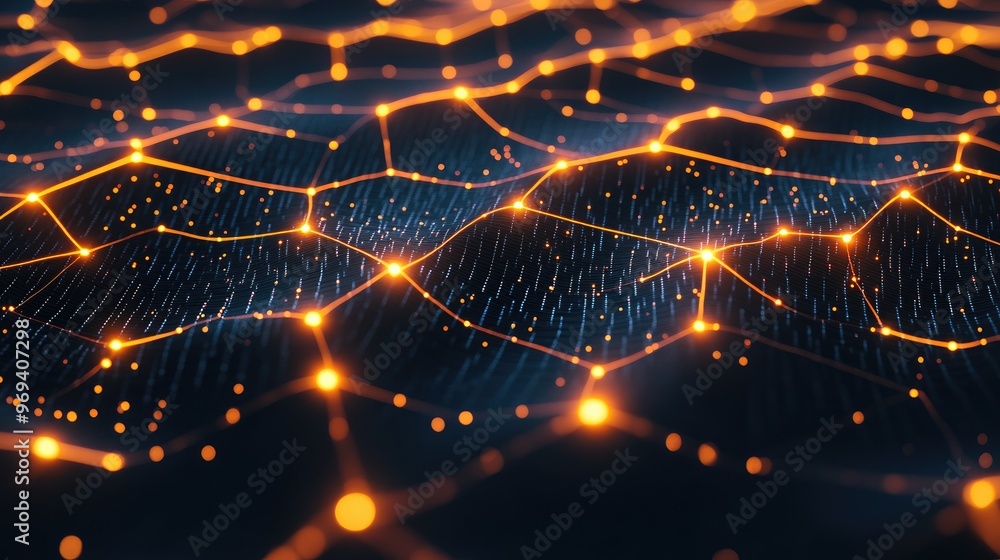 Poster a dynamic 3d grid with glowing nodes and connecting lines, illustrating a digital network and data c