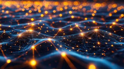 Fototapeta premium A dynamic 3D grid with glowing nodes and connecting lines, illustrating a digital network and data communication