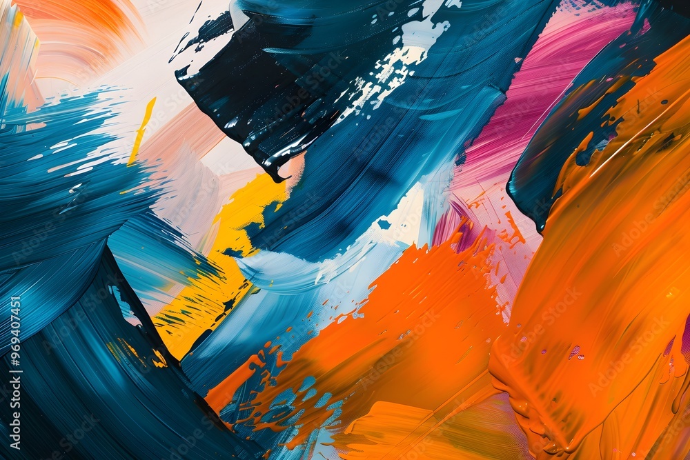 Poster bold abstract painting featuring dynamic strokes of blue, orange, and yellow, creating a vibrant and