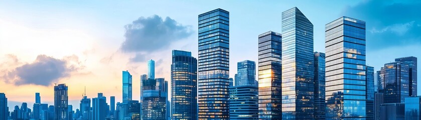 Fototapeta premium Modern skyscraper with glass architecture, urban cityscape, reflective glass surfaces, geometric patterns, city skyline, blue sky