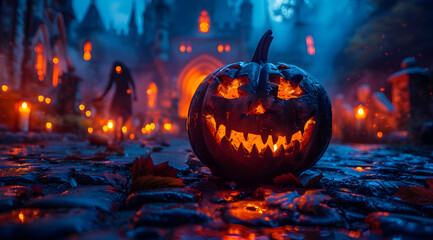 Spooky Halloween Jack-o'-Lantern with Glowing Eyes Illustration