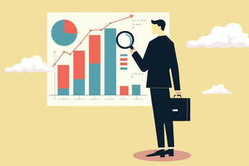 Obraz premium illustration of a businessman holding a magnifying glass while looking at a graph of company revenue and sales