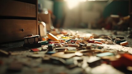 A cluttered scene featuring scattered toys on a dusty floor, illuminated by warm sunlight streaming through a nearby window.