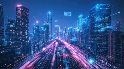 Fototapeta premium A futuristic cityscape with creative digital elements, like floating holograms and augmented reality displays