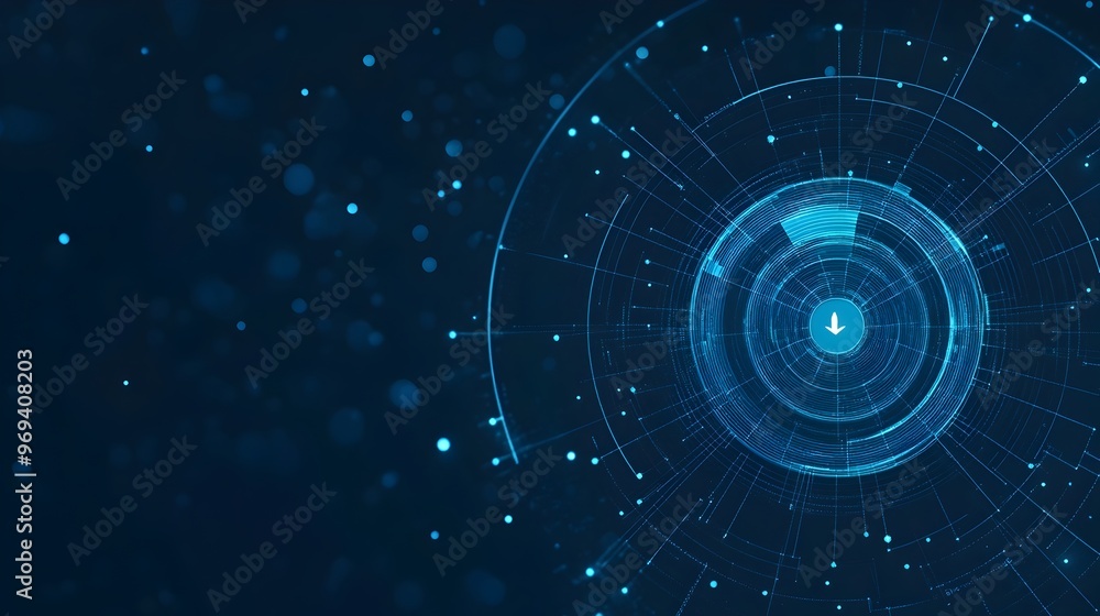 Poster futuristic digital network visualization with glowing patterns and radiant blue tones