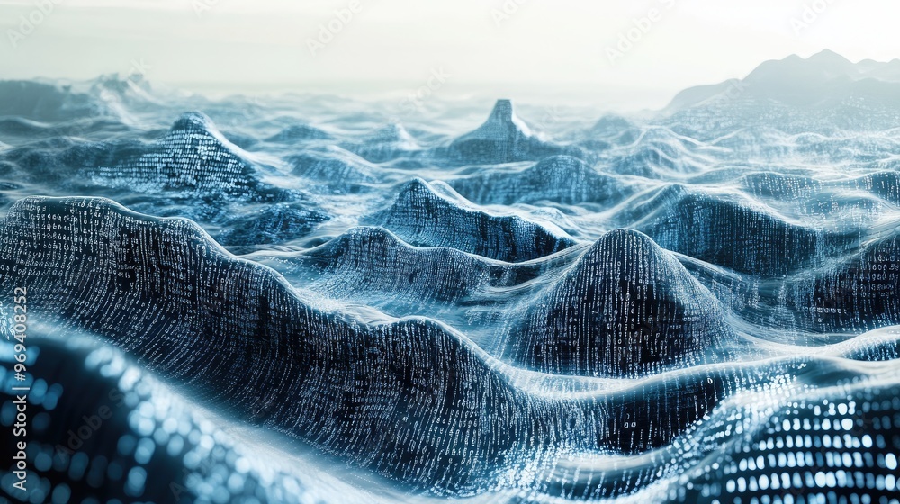 Poster a futuristic digital landscape with flowing streams of binary code, representing the concept of data