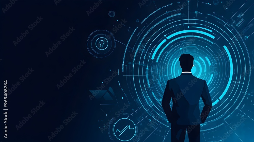 Poster silhouetted figure in futuristic digital interface with abstract technology elements