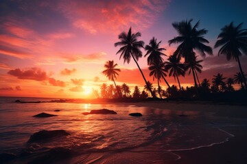 Palm trees sunset beach landscape.