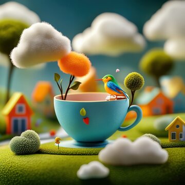 Whimsical Teacup in Mid-Air with Tiny Bird and Cloud Conversating Over Vibrant Landscape.
