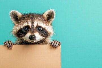 Cute raccoon holding blank sign, blue background
