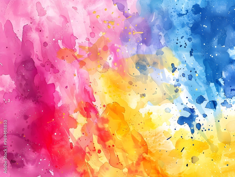 Poster vibrant abstract watercolor artwork with bold splashes of pink, yellow, and blue, creating a dynamic