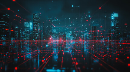 Obraz premium Smart digital city with connection cyber security network reciprocity over the cityscape . future smart wireless digital city and social media networking systems that connects people within the city