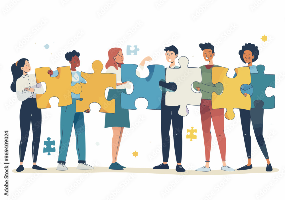 Poster diverse team collaborating to solve puzzle pieces symbolizing teamwork and problem solving in minima