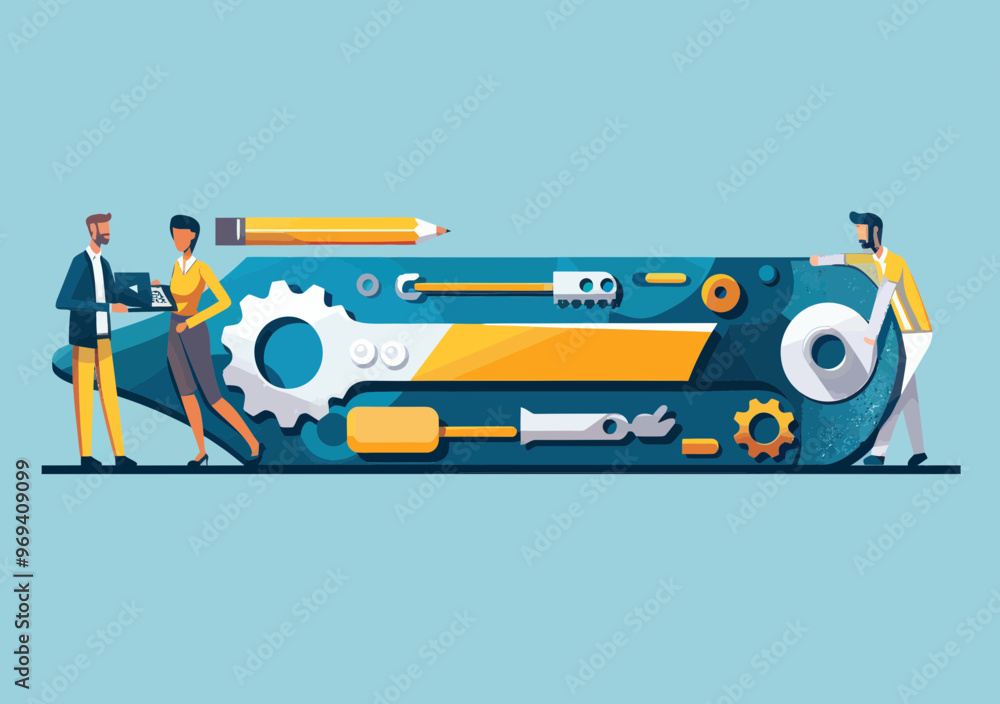 Poster technical support team solving customer issues with online tools vector illustration