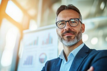 Fototapeta premium Confident businessman in glasses standing in office with charts, showcasing professional growth and success in corporate environment.
