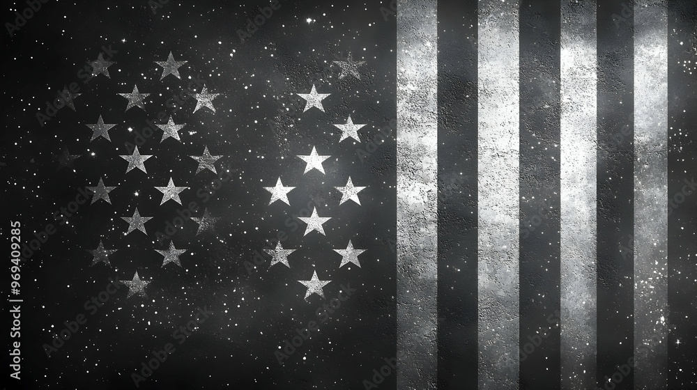 Poster a monochromatic depiction of the american flag with stars arranged in a circular pattern.