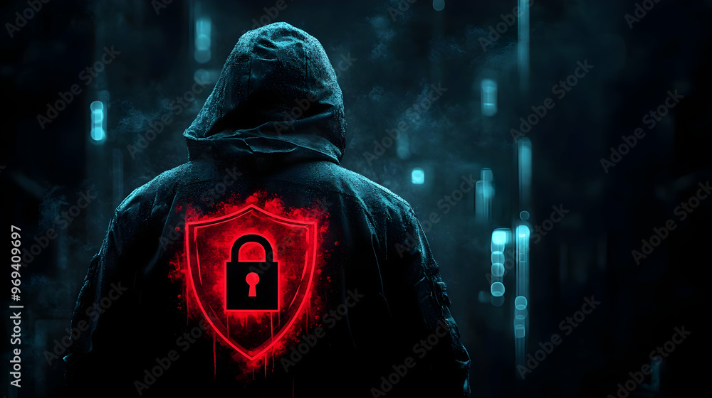 Poster a mysterious figure in a hooded jacket with a red lock symbol on a dark digital background.