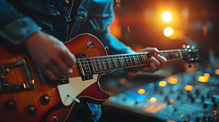 A musician playing an electric guitar with sound equipment in the background.