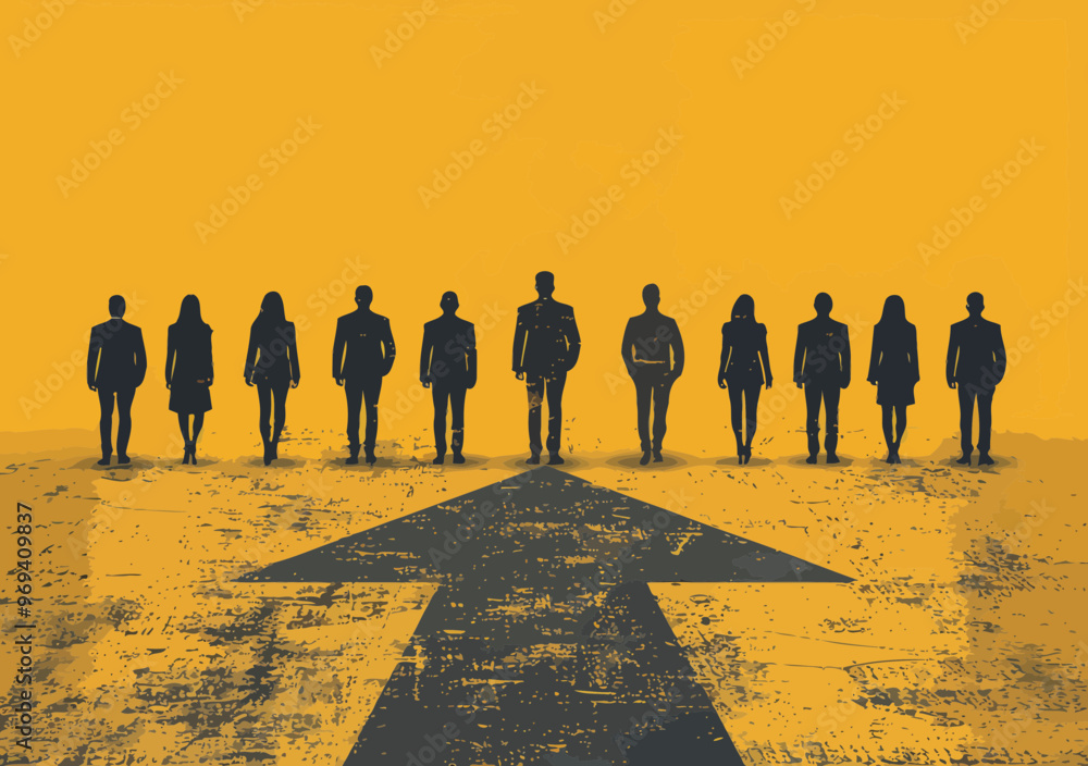 Poster business decision making concept with team choosing direction at crossroads depicted by arrows point
