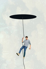 Composite trend artwork sketch image photo collage of black hole appear man hanging go down on rope...