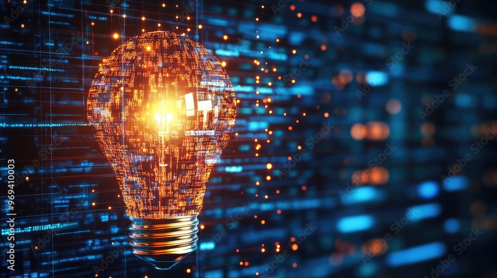 Poster a light bulb made of pixels on a computer screen, symbolizing digital creativity and innovation in p