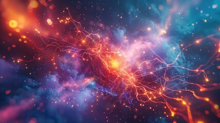 Obraz premium Breathtaking digital depicting a powerful dynamic explosion of energy and light within the depths of the cosmic universe Vibrant colors and dramatic lighting create an intense electrifying