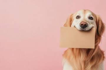 Golden Retriever dog holding a blank card in its mouth against a pink background.