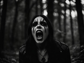 young woman face painted with black metal makeup screaming in dark forest