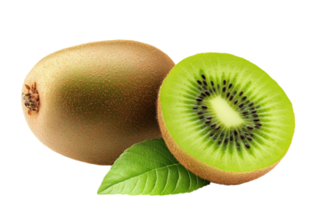 kiwi fruit and kiwi cut in half with green leaves isolated on a transparent background. cut out in PNG format for graphic design, isolated on a white background.