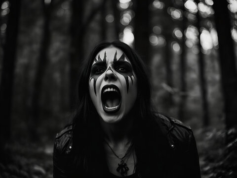 young woman face painted with black metal makeup screaming in dark forest