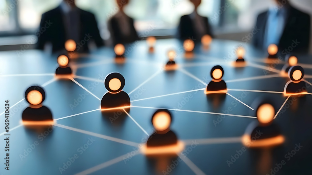 Aufkleber a network representation with illuminated user icons, symbolizing connectivity and collaboration.