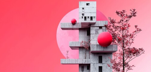 A high-contrast collage of Neo-Brutalist buildings juxtaposed against delicate, organic shapes