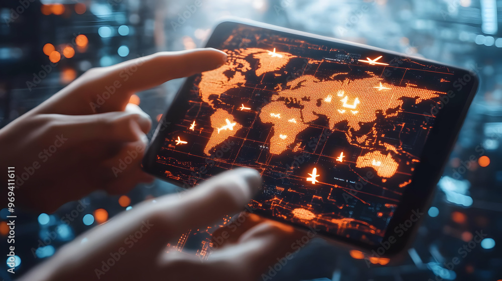 Poster a person interacting with a digital map displaying global data and aircraft movements.
