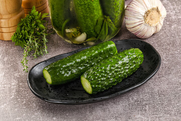 Homemade lighty salted cucumbers with herbs