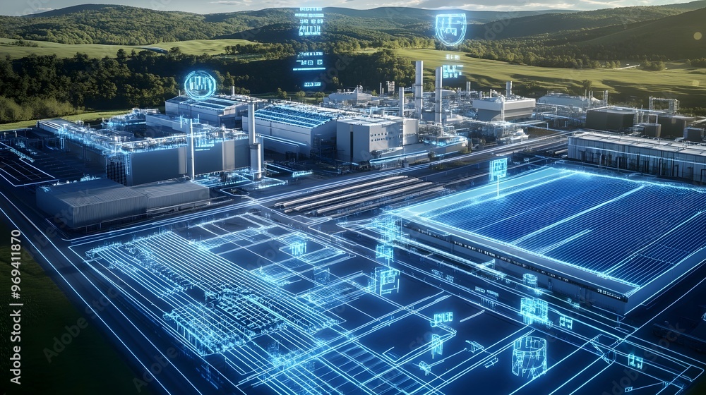 Poster futuristic smart energy grid and automated industrial factory complex with advanced digital