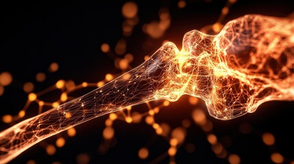 Abstract visualization of a broken bone, glowing in orange light, highlighting medical and scientific concepts of human biology and injury.