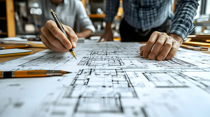 A person reviewing architectural blueprints on a table, emphasizing design and planning.