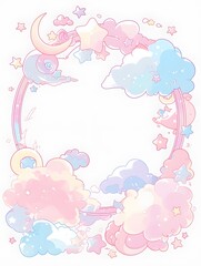 Cute Cartoon Clouds Stars Moon Pastel Frame Border