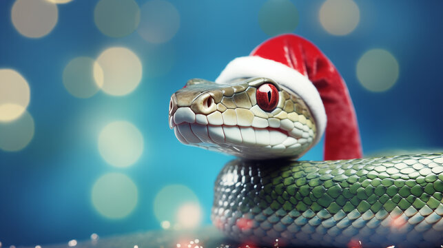 green snake in santa claus hat on light pink background, christmas bokeh background