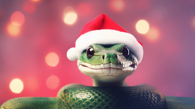 green snake in santa claus hat on light pink background, christmas bokeh background